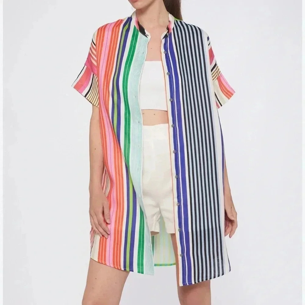 Vilagallo Linen Harper Dress Multi Stripes Size Small